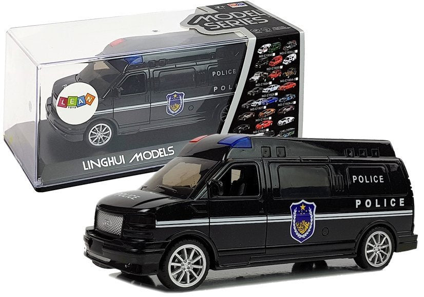Policijos automobilis su tempimo mechanizmu, šviesomis ir garsu
