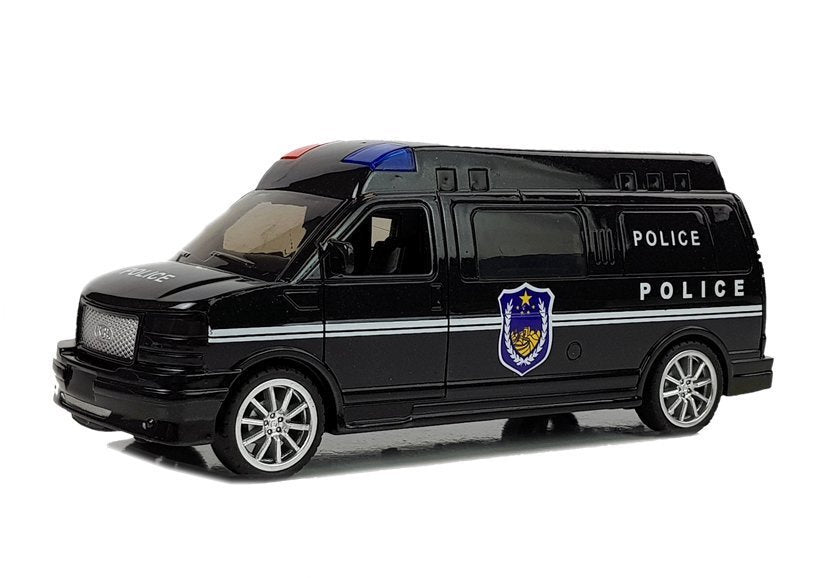 Policijos automobilis su tempimo mechanizmu, šviesomis ir garsu