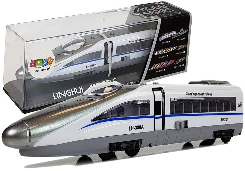 Traukinys „Pendolino“ su spyruokliniu mechanizmu, šviesomis ir garsu (baltas)