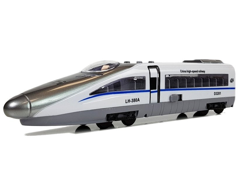 Traukinys „Pendolino“ su spyruokliniu mechanizmu, šviesomis ir garsu (baltas)