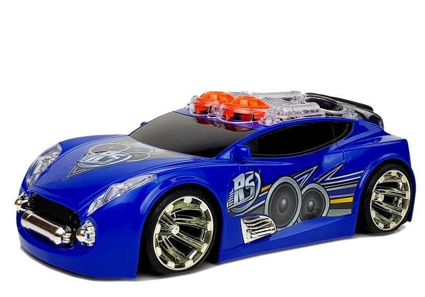 Sportinis automobilis DJ su garsiakalbiais ant stogo, muzika ir šviesomis