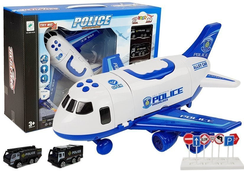 Sulankstomas policijos lėktuvas su automobiliais 1:64 su šviesomis ir garsais