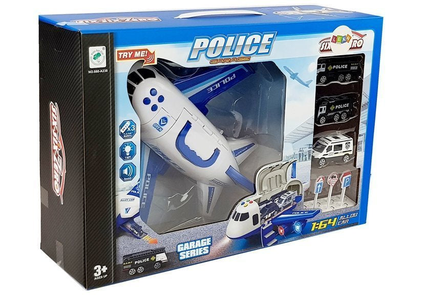 Sulankstomas policijos lėktuvas su automobiliais 1:64 su šviesomis ir garsais