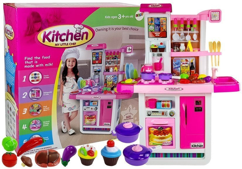 Rožinė virtuvė su vandens puodais, maisto produktais, garsais