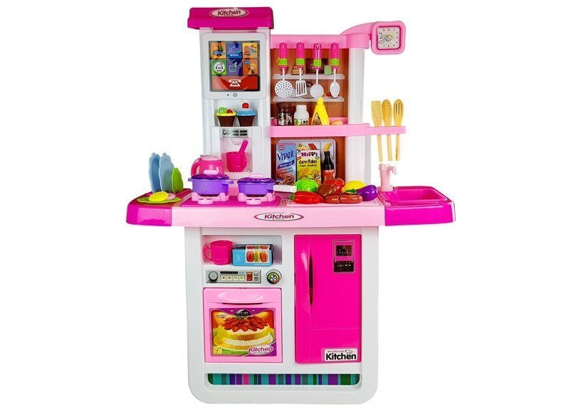 Rožinė virtuvė su vandens puodais, maisto produktais, garsais