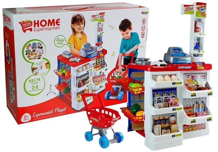 Žaidybinė parduotuvė su vežimėliu, kasos aparatu, skeneriu ir maisto produktais