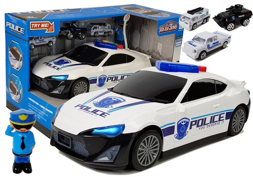 Policijos garažas–dėžė 2in1 su mažomis mašinėlėmis, policininku, šviesomis ir garsais