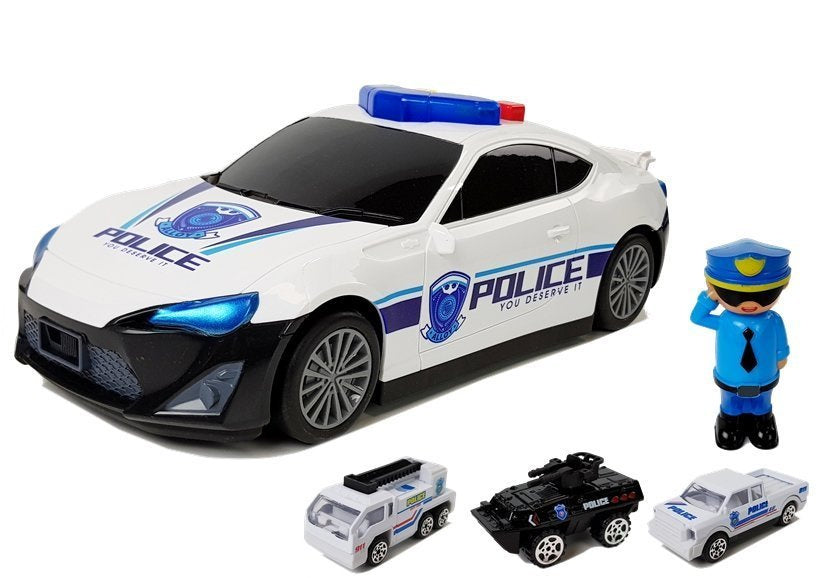 Policijos garažas–dėžė 2in1 su mažomis mašinėlėmis, policininku, šviesomis ir garsais