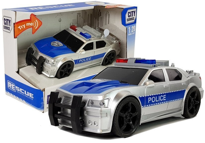 Policijos automobilis 1:20, frikcinė pavara, šviesos ir garsai (sidabrinis–juodas)