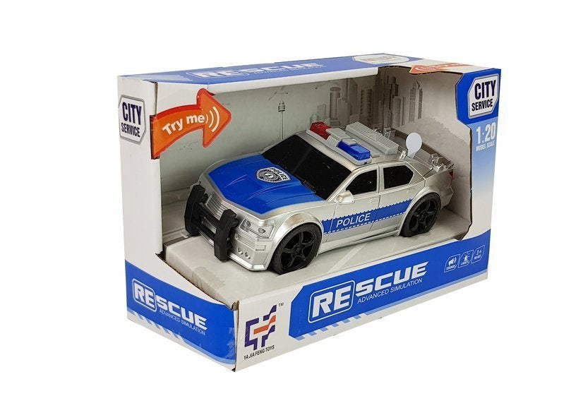 Policijos automobilis 1:20, frikcinė pavara, šviesos ir garsai (sidabrinis–juodas)