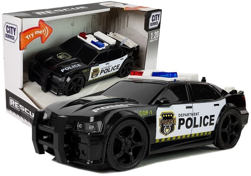 Policijos automobilis 1:20, frikcinė pavara, šviesos ir garsai (juodas)