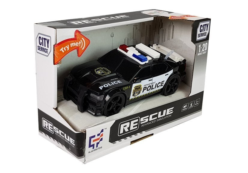 Policijos automobilis 1:20, frikcinė pavara, šviesos ir garsai (juodas)