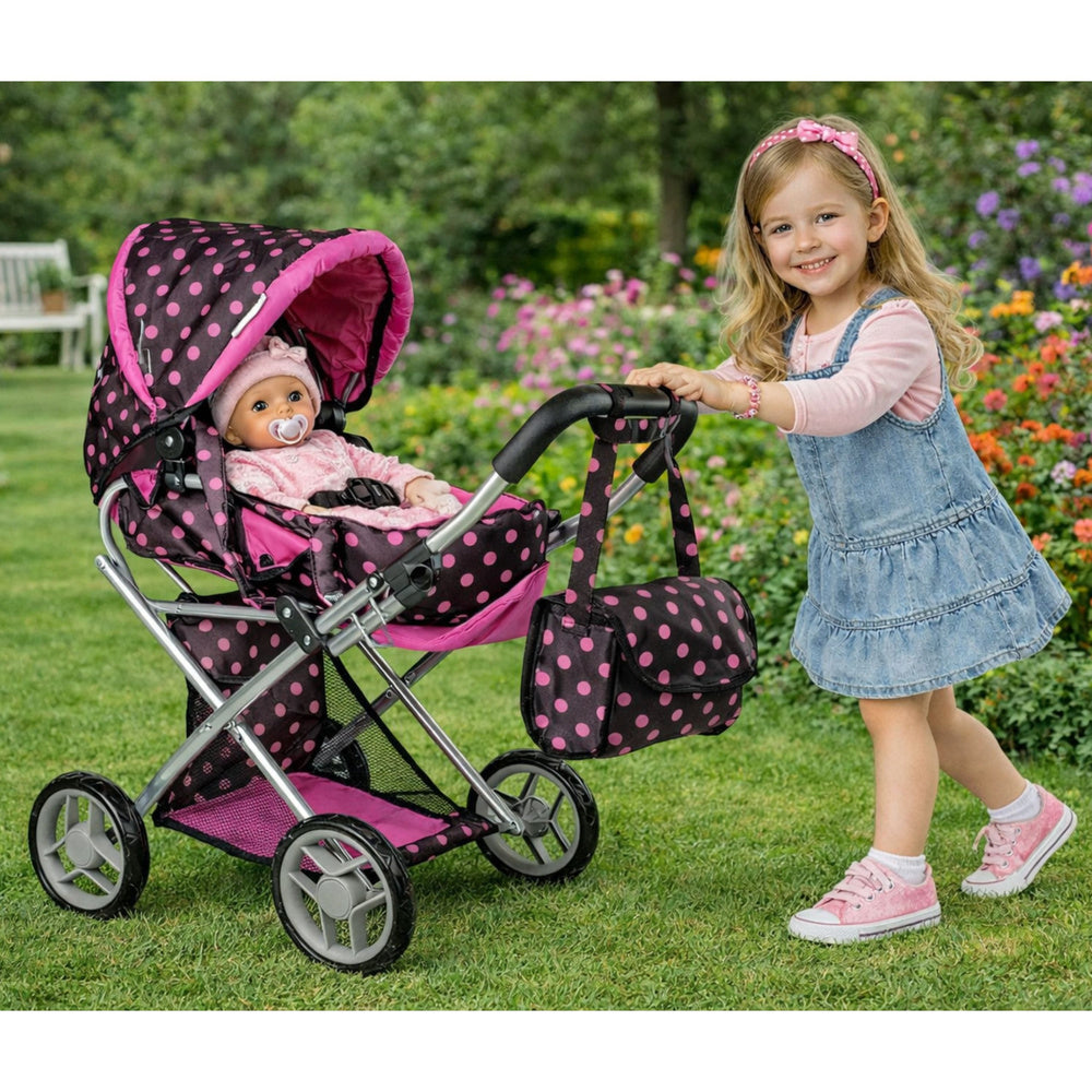 Lėlės vežimėlis „Alice“ su rankine juoda–rožinė
