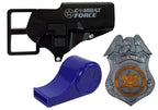 Policijos rinkinys – revolveris 20 cm, ženklelis, dėklas, švilpukas, garsai ir šviesos efektai