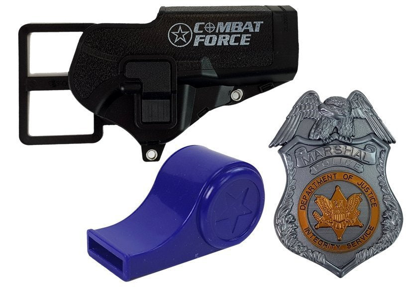 Policijos rinkinys – revolveris 20 cm, ženklelis, dėklas, švilpukas, garsai ir šviesos efektai