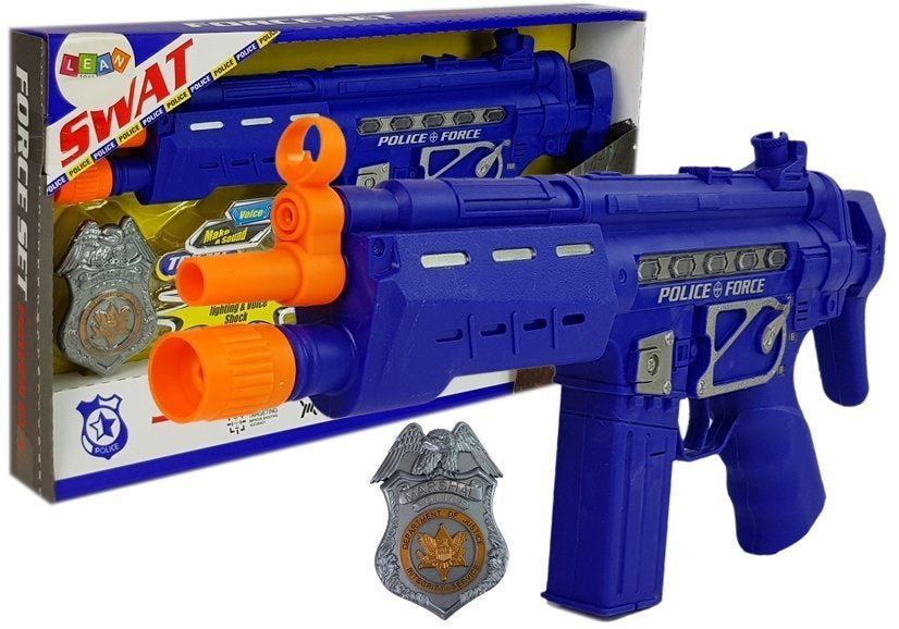 Policijos ginklo rinkinys su ženkleliu, tamsiai mėlynas, garsai ir šviesos efektai, 37 cm