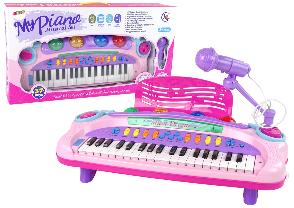 Didelis interaktyvus muzikinis kūdikio pianinas su mikrofonu ir MP3, rožinis
