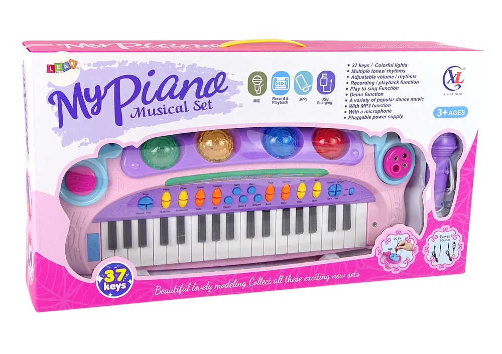 Didelis interaktyvus muzikinis kūdikio pianinas su mikrofonu ir MP3, rožinis