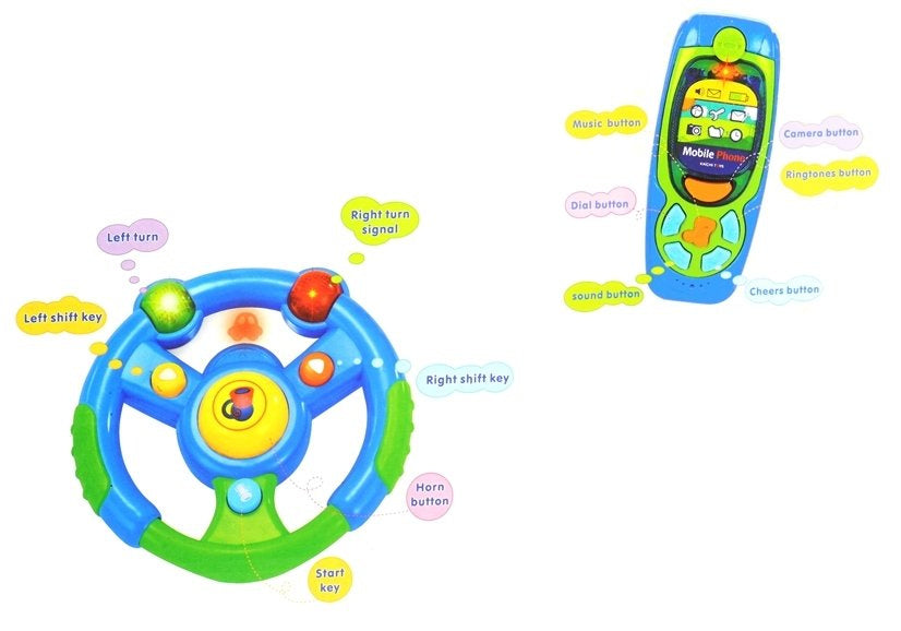 Kūdikio žaislinio automobilio rinkinys – raktai, vairas, mobilus telefonas