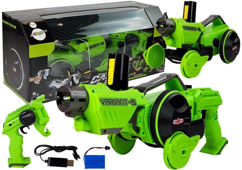 Gun Launcher Car 2 in 1 2 viename automobilis su šaudymo funkcija, nuotoliniu būdu valdomas, su putplasčio diskais, žalias