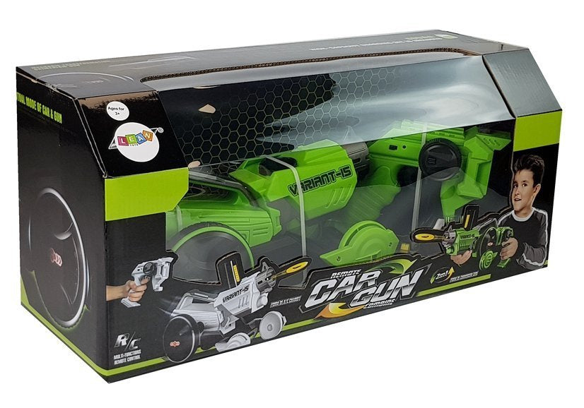 Gun Launcher Car 2 in 1 2 viename automobilis su šaudymo funkcija, nuotoliniu būdu valdomas, su putplasčio diskais, žalias
