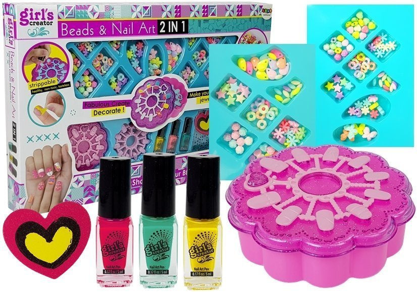 2 viename apyrankių gamybos ir nagų lakavimo rinkinys su karoliukais ir lakais