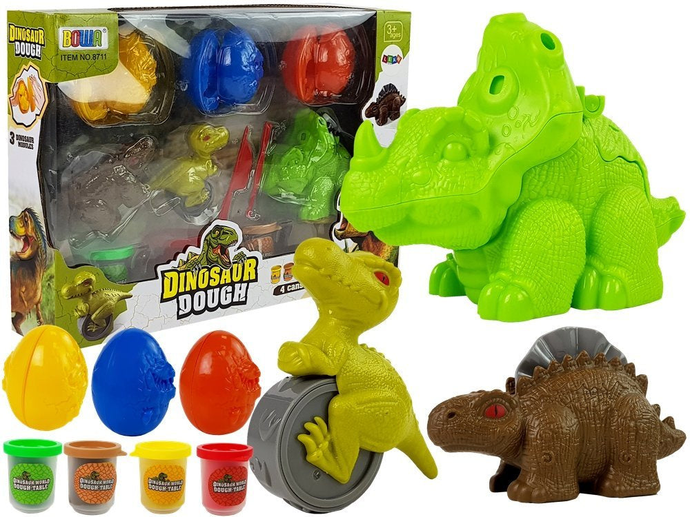 Plastilino rinkinys su dinozaurais ir kiaušinių formelėmis, 12 dalių, 4 spalvos