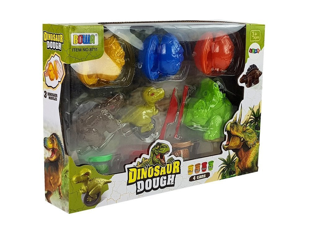 Plastilino rinkinys su dinozaurais ir kiaušinių formelėmis, 12 dalių, 4 spalvos
