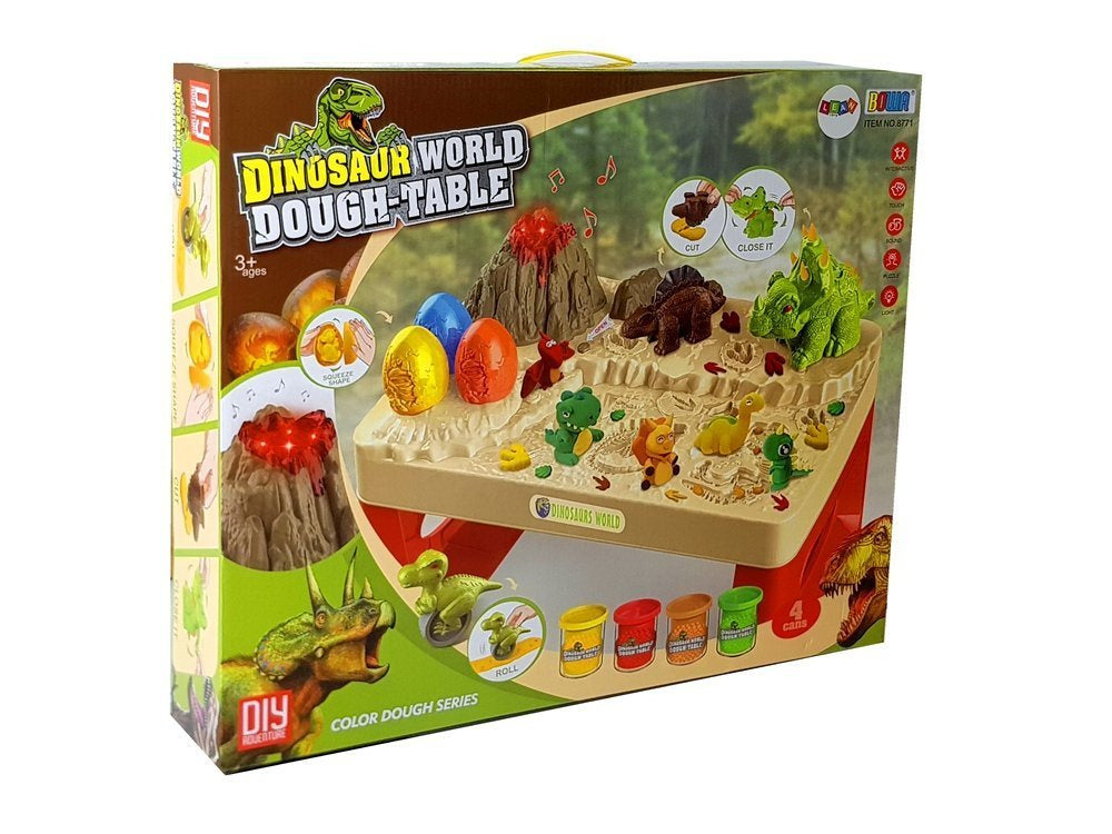 Plastilino staliukas „ramunė“ su dinozaurais, kiaušiniais, formelėmis ir ugnikalniu su šviečiančia lava, 4 spalvos