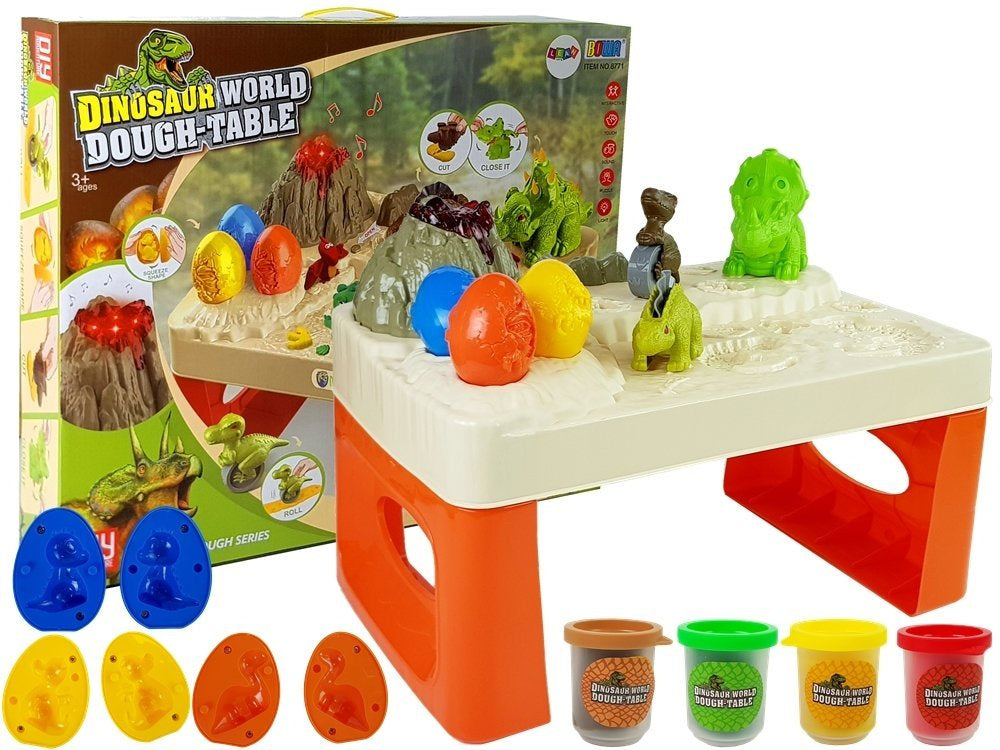 Plastilino staliukas „ramunė“ su dinozaurais, kiaušiniais, formelėmis ir ugnikalniu su šviečiančia lava, 4 spalvos