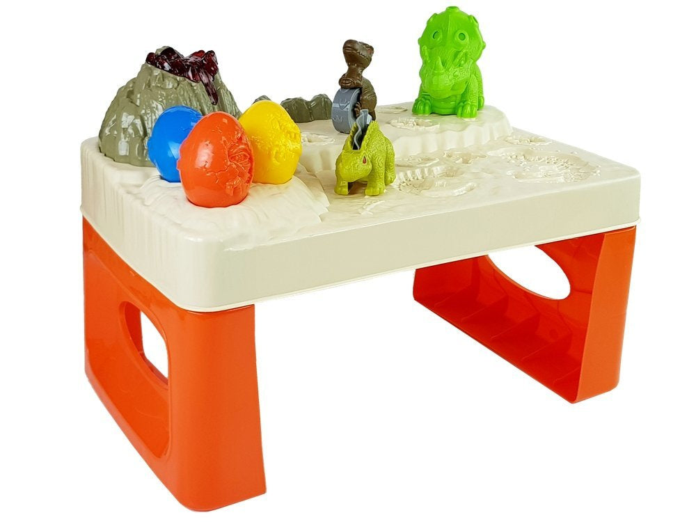 Plastilino staliukas „ramunė“ su dinozaurais, kiaušiniais, formelėmis ir ugnikalniu su šviečiančia lava, 4 spalvos
