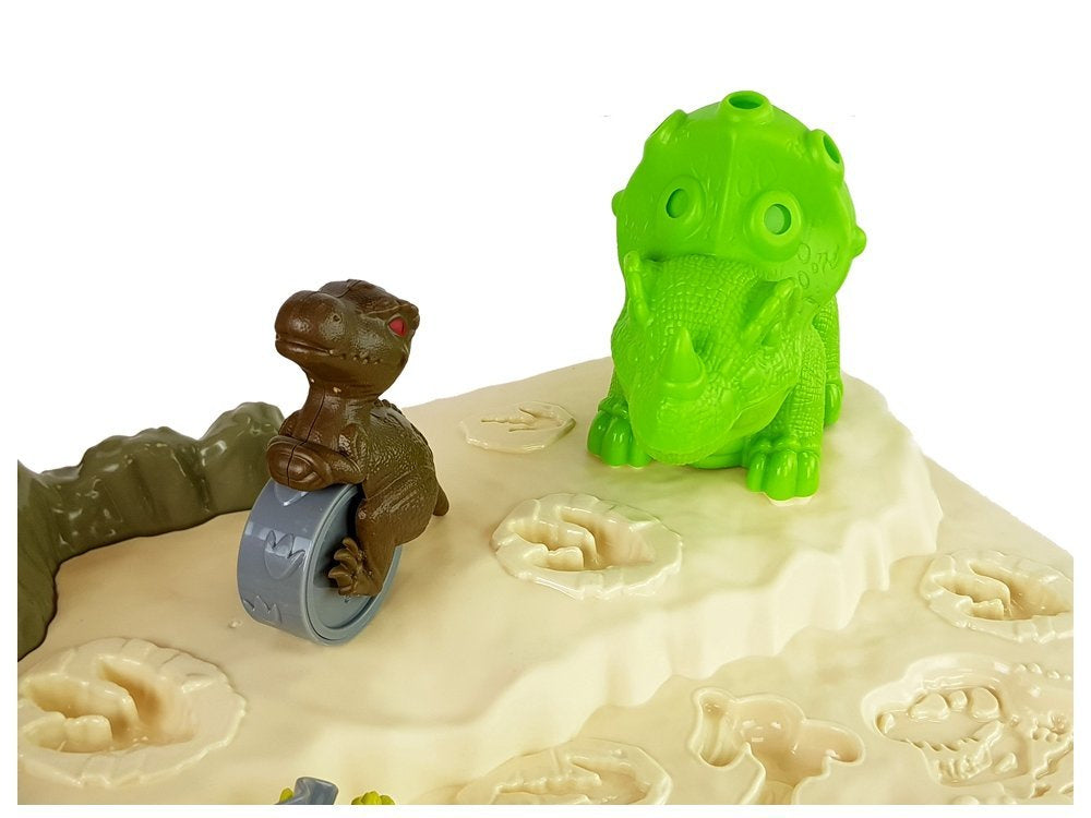 Plastilino staliukas „ramunė“ su dinozaurais, kiaušiniais, formelėmis ir ugnikalniu su šviečiančia lava, 4 spalvos