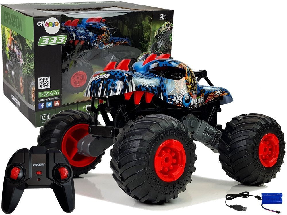 Dinozauro stiliaus bekelės automobilis su dideliais ratais, nuotoliniu būdu valdomas 2.4G