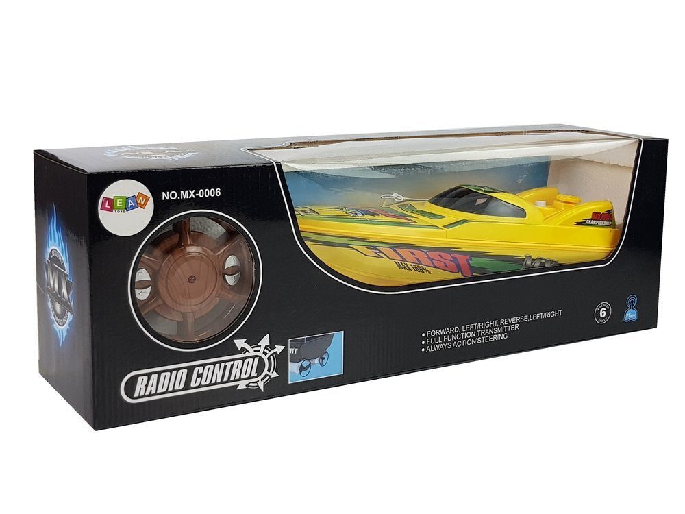 Nuotoliniu būdu valdomas greitaeigis kateris 27 MHz, vairo tipo pultas, 40 cm, nuotolis 40 m, geltonas