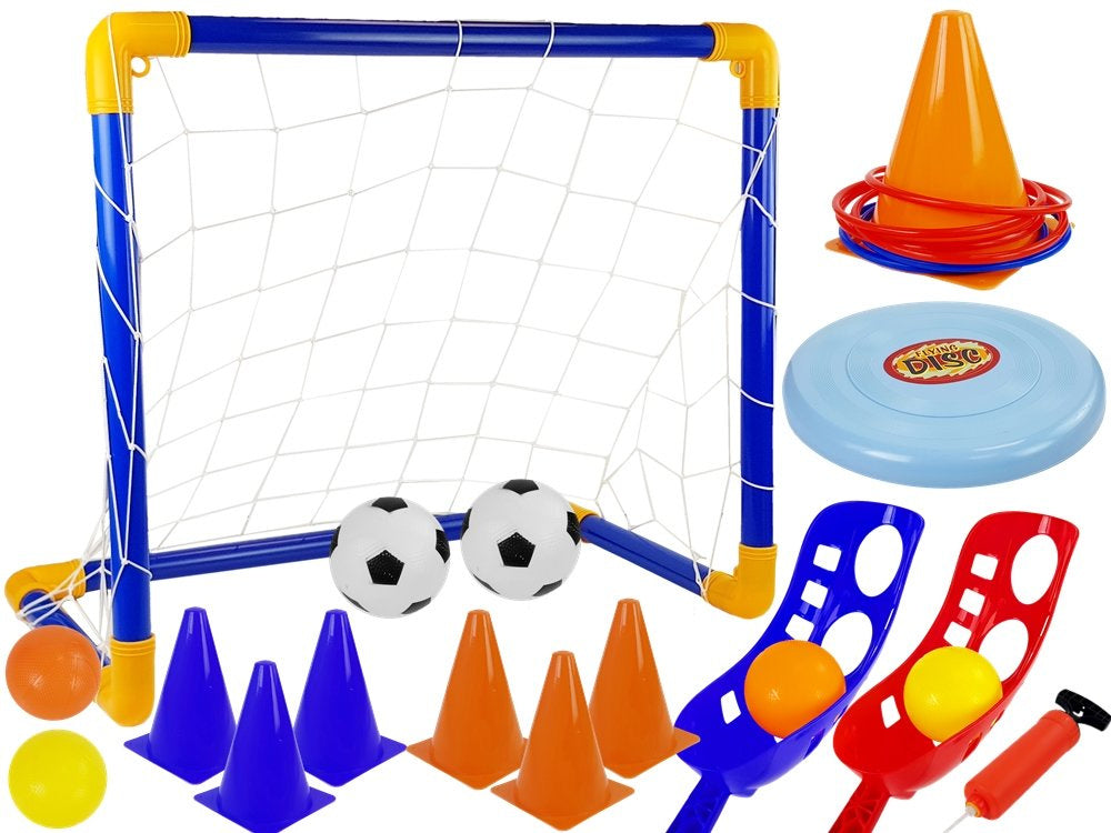 Sportinių žaidimų rinkinys: rankinis, futbolas, vartai, frisbis