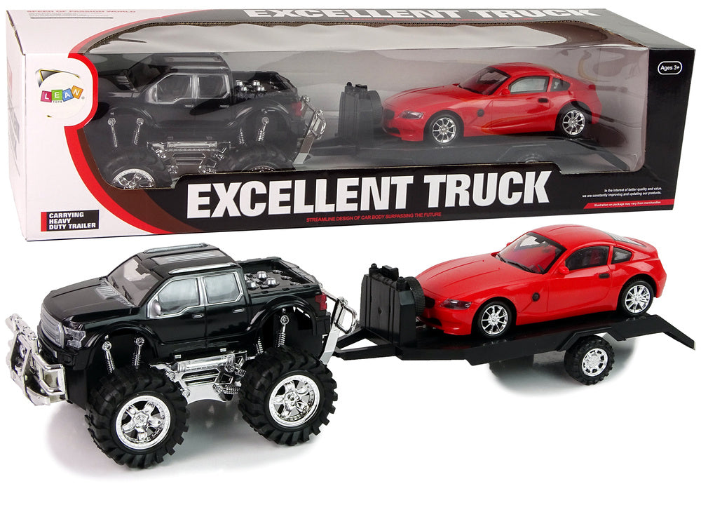 Transporto priemonių rinkinys: juodas monster truck ir balta priekaba, 58 cm