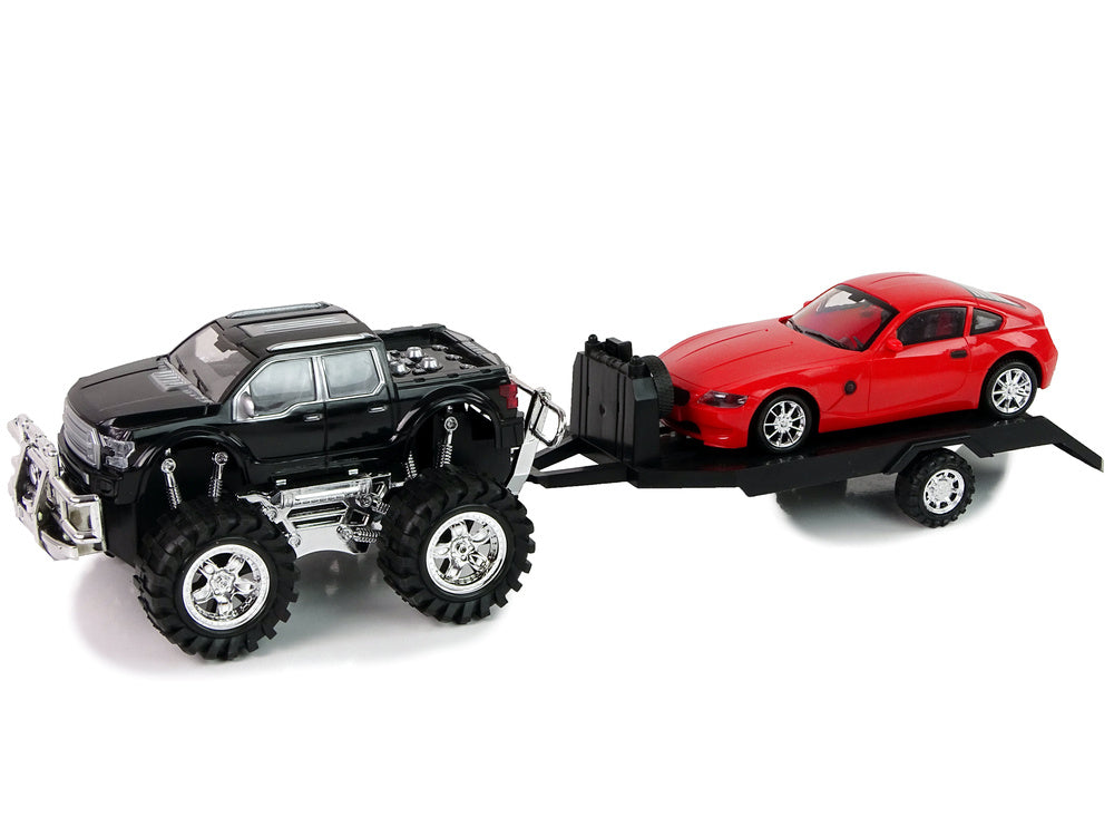 Transporto priemonių rinkinys: juodas monster truck ir balta priekaba, 58 cm