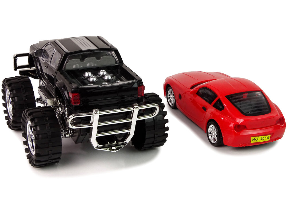 Transporto priemonių rinkinys: juodas monster truck ir balta priekaba, 58 cm