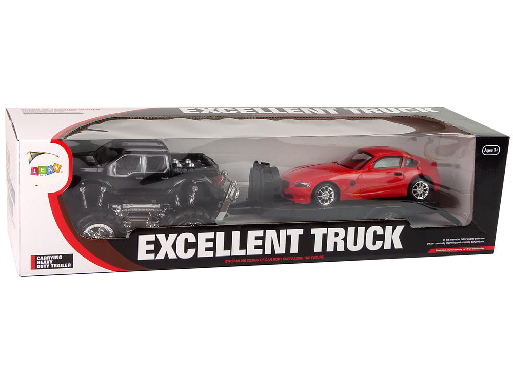Transporto priemonių rinkinys: juodas monster truck ir balta priekaba, 58 cm