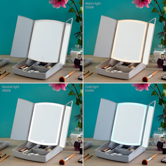 Daugiafunkcinis makiažo veidrodis 3-in-1 "Panomir" su LED ir organaizeriu