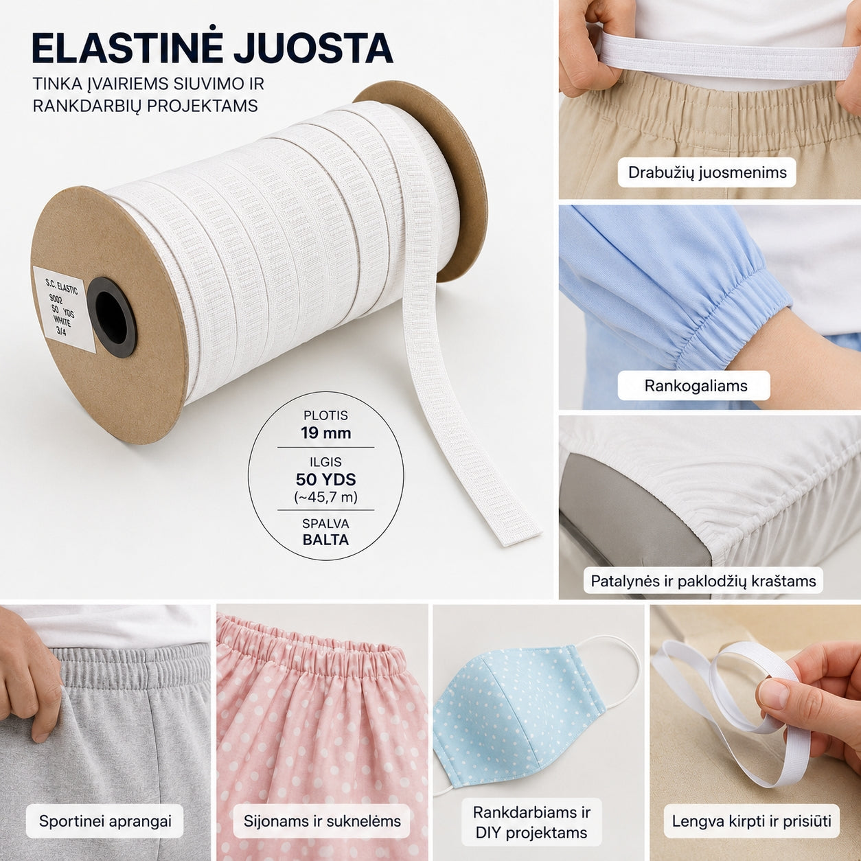 Elastinė juosta siuvimui 19 mm (45m) – balta