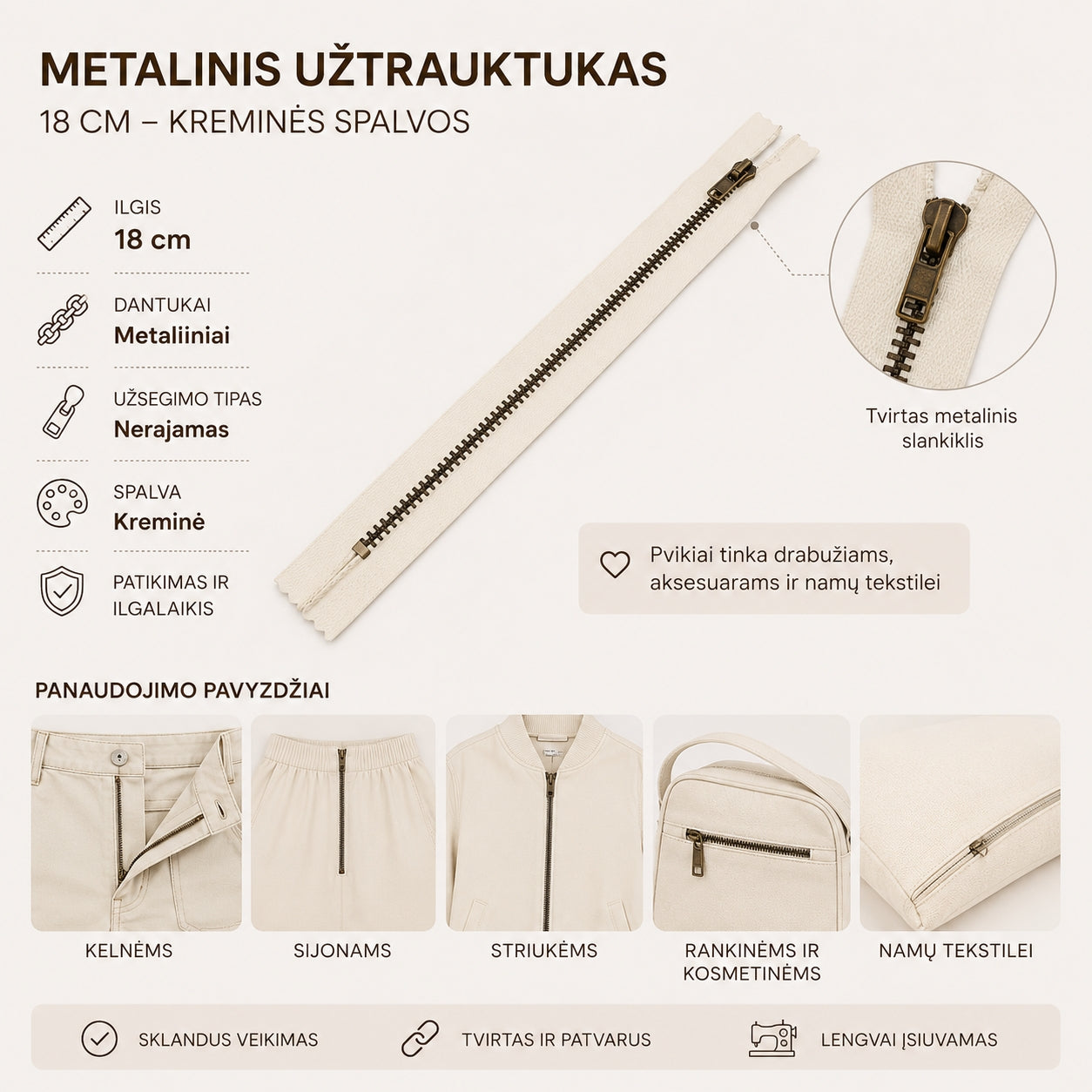 Metalinis užtrauktukas 18 cm – baltos spalvos