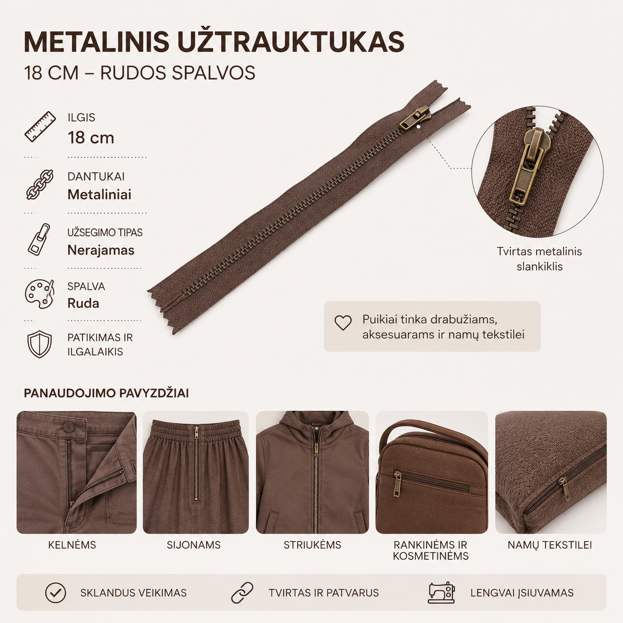 Metalinis užtrauktukas 18 cm – tamsiai rudos spalvos